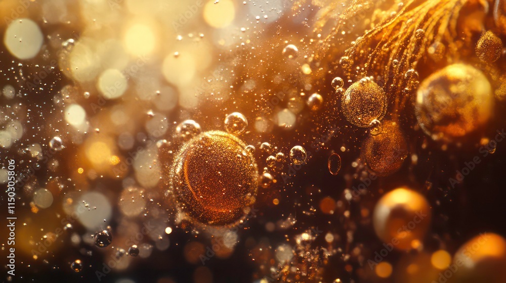Poster abstract golden bubbles floating in liquid, bokeh background.