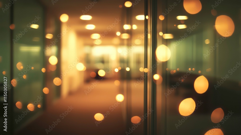 Poster a blurry picture of an empty office with open space. the background has soft, sparkling lights that 