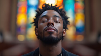 A black man with his eyes closed, praying in a church, seeking salvation, hope, and guidance through his faith