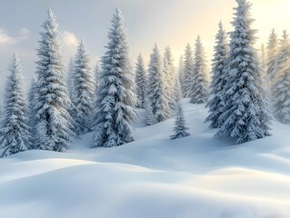 Fototapeta premium A serene winter landscape featuring tall evergreen trees blanketed in fresh snow, with a warm golden light filtering through the branches during a tranquil morning.