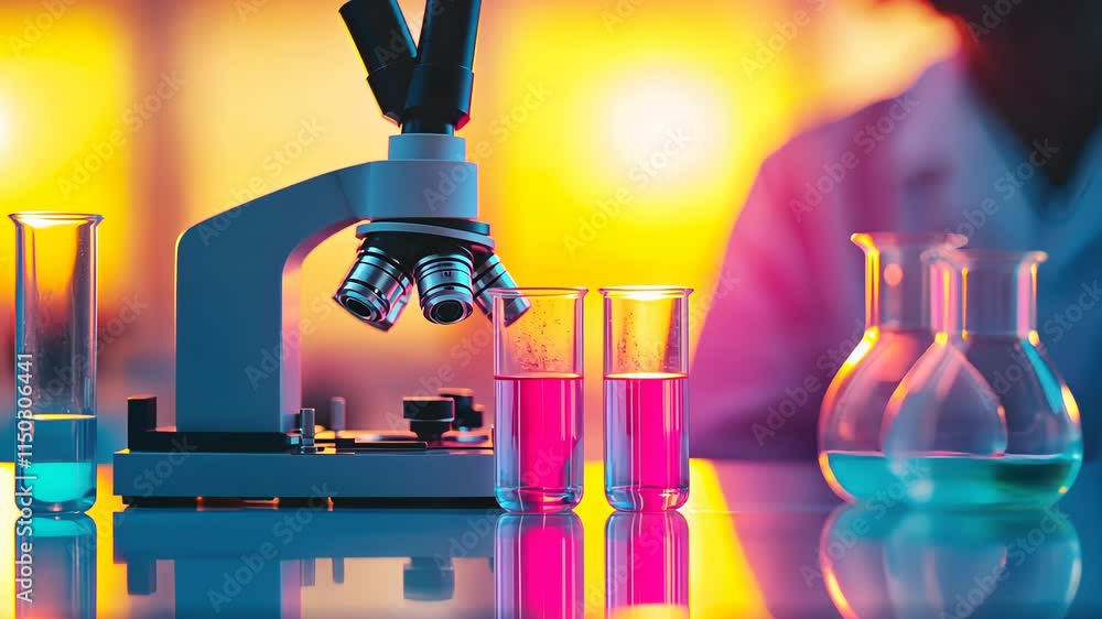 Poster microscope and laboratory glassware with pink liquid on a reflective surface. scientist working in t