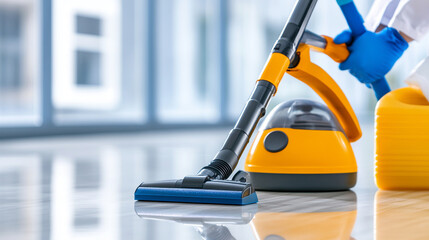 Fototapeta premium Modern vacuum cleaner on a shiny floor in a clean environment.