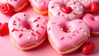 Cute heart-shaped donuts with colorful icing and sprinkles for Valentine treats.