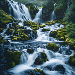 Rhythmic Elegance of Cascading Waterfalls in a Verdant Paradise