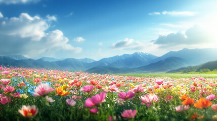 Obraz premium Vibrant field of colorful flowers under a clear blue sky.