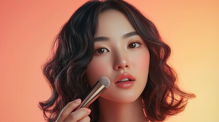 Obraz premium Soft Glam Close-Up of a Woman Applying Lip Balm on Peach Background