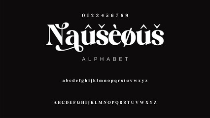 Luxury wedding alphabet logo font with tails. Typography elegant classic serif fonts and number decorative vintage retro logos branding. vector illustration