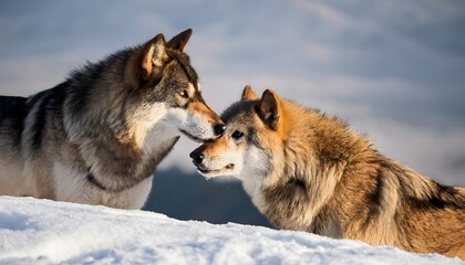 Obraz premium Two Wolves in Snowy Landscape Winter Wildlife Affectionate Canids
