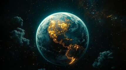 Obraz premium Stunning View of Earth Illuminated at Night, Showcasing Bustling Cities and Natural Landscapes Against a Dark Cosmic Backdrop