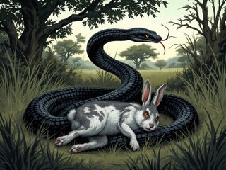 Naklejka premium Enchanted Encounter: Serpent and Hare in the Wild