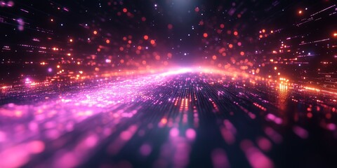 Colorful Digital Lights Create a Vibrant Visual Effect Resembling a Cosmic Landscape at Night With Flowing Patterns and Bright Particles