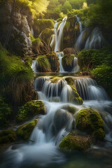 Obraz premium Rhythmic Elegance of Cascading Waterfalls in a Verdant Paradise