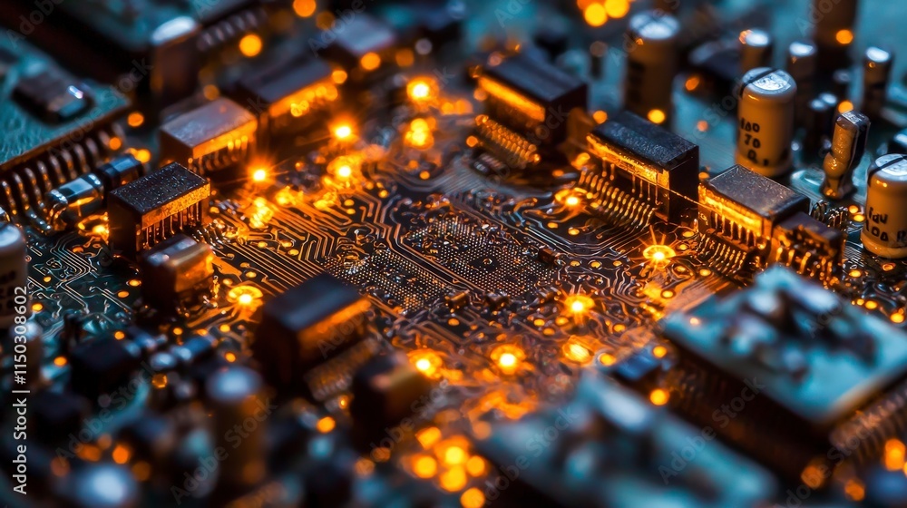 Poster Creative concept macro photograph of illuminated microchip circuit board in a high-tech technology lab environment