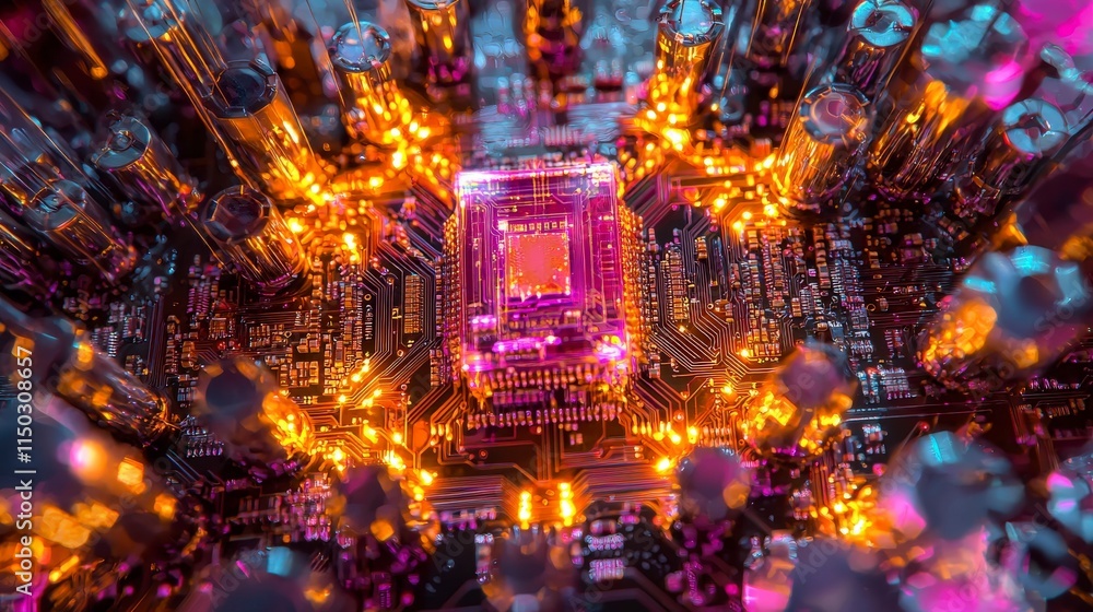Poster macro photograph of microchip circuit board technology lab digital art futuristic aerial view innova