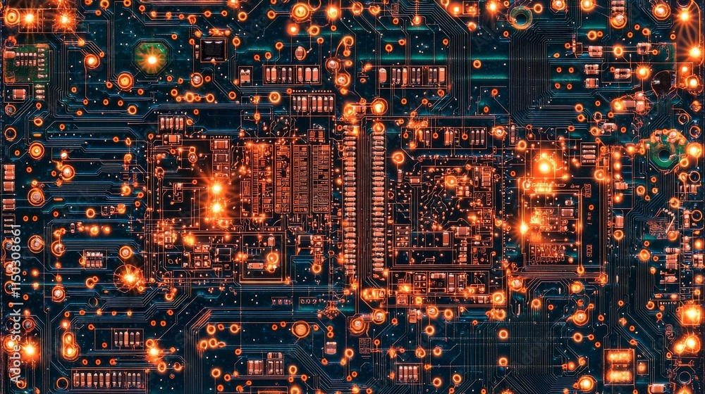 Poster Macro photograph of microchip circuit board illuminated with vibrant lights technology environment detailed close-up view