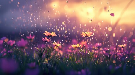 Rain-kissed wildflowers glowing at golden hour for spring equinox