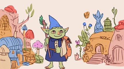 Obraz premium Smiling Green Gnome Traveler with Staff Explores Whimsical Cartoon Village Illustration