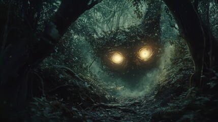 Enchanted forest mythical creature emerges nature fantasy art mysterious environment intriguing perspective