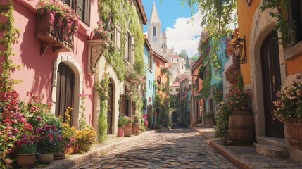 Fototapeta premium Charming cobblestone street scene european town urban photography vibrant environment serene viewpoint timeless beauty