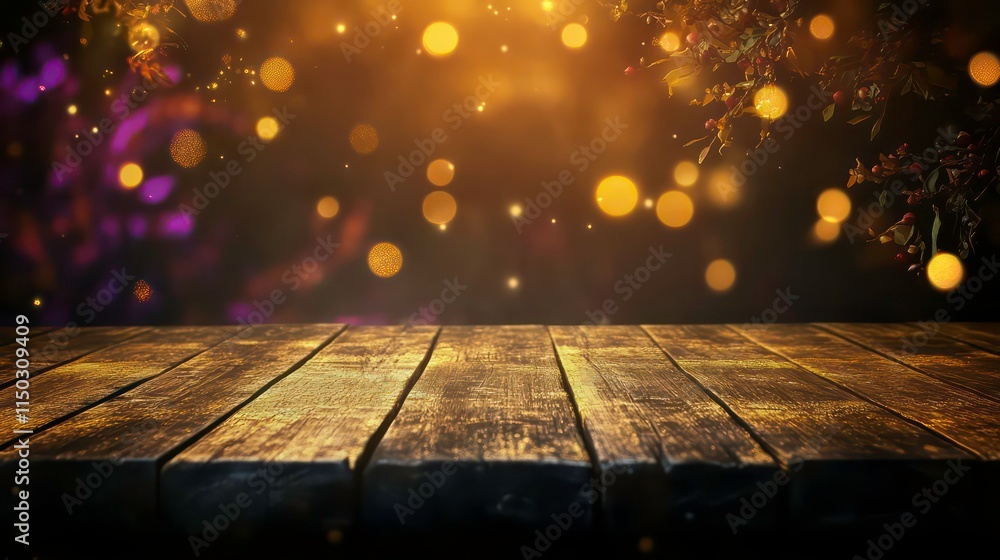 Poster rustic wooden table against a bokeh background with autumnal colors and lights.