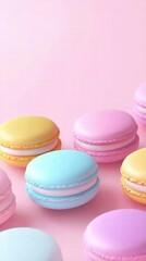 Colorful macarons in a bakery display with a pastel pink backdrop