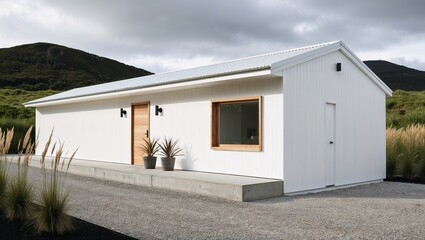 Fototapeta premium minimalist, single-story building with a modern architectural style. The structure features a white exterior with a corrugated metal roof. 