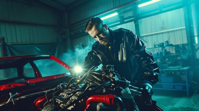 Mechanic in workshop inspecting car engine with flashlight, focusing on engine details, well-litgarage with tools and parts scattered around