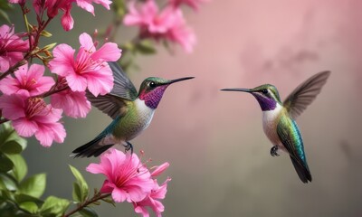 Naklejka premium Colorful hummingbird perched on a pink flower, colorful, nature, bird of paradise