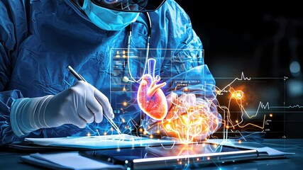 Surgeon wearing augmented reality glasses performing precision surgery with holographic brain visualization - Powered by Adobe