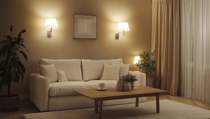 A cozy living room with beige walls,a white sofand a wooden coffee table