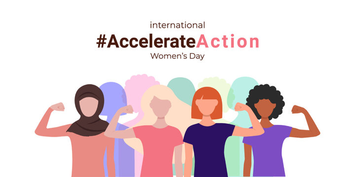 2025 campaign concept. March 8. #AccelerateAction. Horizontal banner with women of different nationalities with their hand raised up. Faceless vector illustration.2.