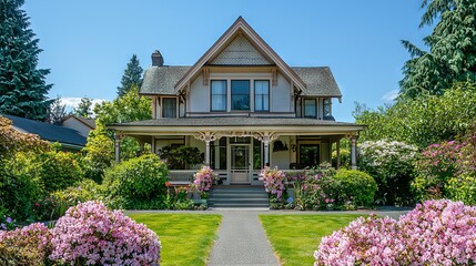 Obraz premium Charming Victorian House Surrounded by Colorful Flowers