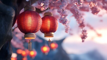 Two red lanterns hang amidst blooming cherry blossoms, casting a warm glow in a serene, picturesque setting at dusk.