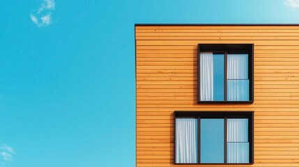 Obraz premium Hostel with Scandinavianstyle wood facade, minimalist landscaping, and clean design