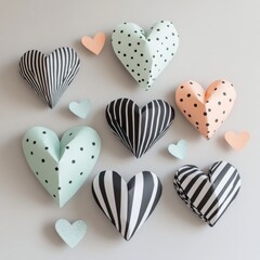 Obraz premium Dynamic Paper Hearts Display with Unique Designs. Various Sizes and Patterns Add Character to Wall Decor.
