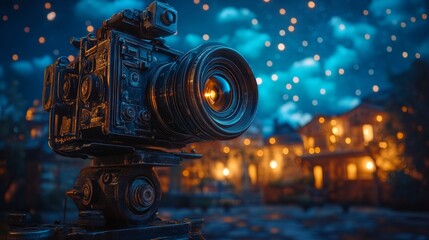 Capturing the Night With an Old Camera in a Beautifully Illuminated Outdoor Setting, Featuring Twinkling Lights and a Vibrant Atmosphere