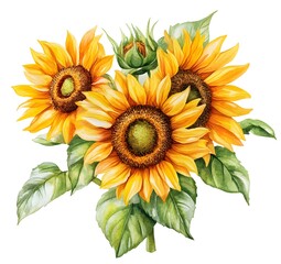 Naklejka premium Watercolor Painting of Three Sunflowers with Buds and Leaves