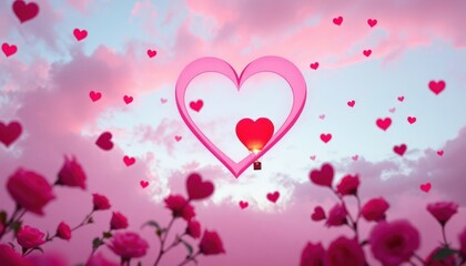 Romantic hot air balloon in the shape of a heart floating in a pink sky.