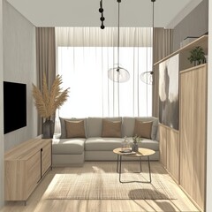 Stylish and Modern Living Room Featuring Natural Light, Neutral Tones, and Minimalist Design Elements in a Contemporary Apartment Setting