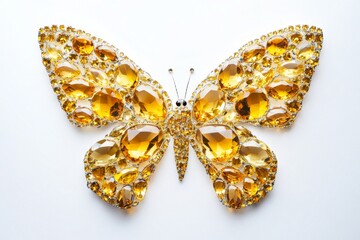 Fototapeta premium Yellow Crystal Butterfly with Light Gold Border. Elegant Jewelry Design against White Background