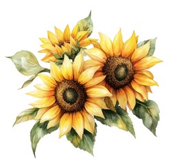 Naklejka premium Watercolor Painting of Three Sunflowers with Leaves