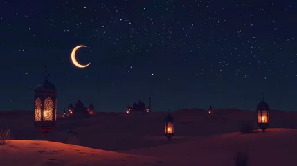 Lanterns stands in the desert at night sky, lantern islamic Mosque, crescent moon Ramadan Kareem themed, with copy space
