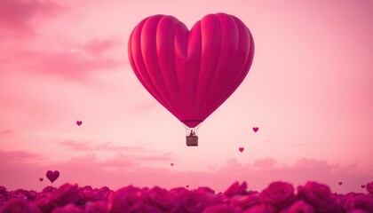 Fototapeta premium Romantic hot air balloon in the shape of a heart floating in a pink sky.