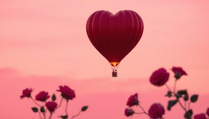 Fototapeta premium Romantic hot air balloon in the shape of a heart floating in a pink sky.