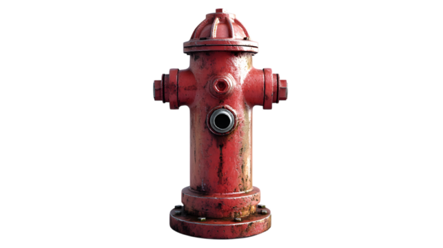 3D red fire hydrant with a glossy surface and bold industrial design, ideal for urban themes Isolated on white background