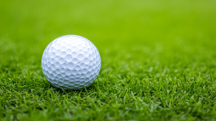 Fototapeta premium Close-up of a golf ball resting on lush green grass.