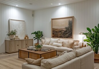 A cozy living room with white walls and a wooden floor