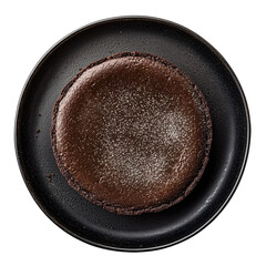 Top view of a delicious looking Torta di Cacao on a dark black ceramic plate isolated on a white transparent background