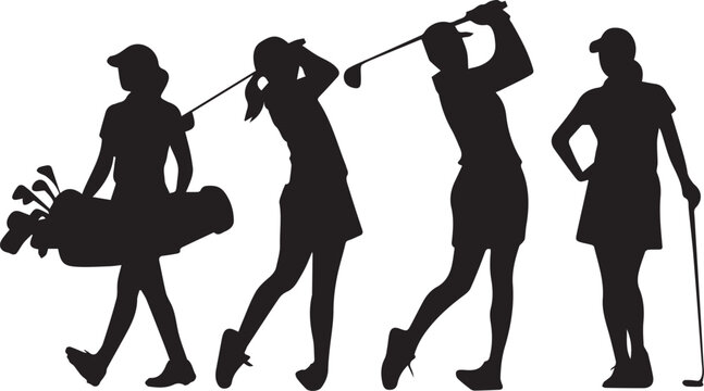 silhouettes of women playing foot ball , bosket ball, golf and ETC 