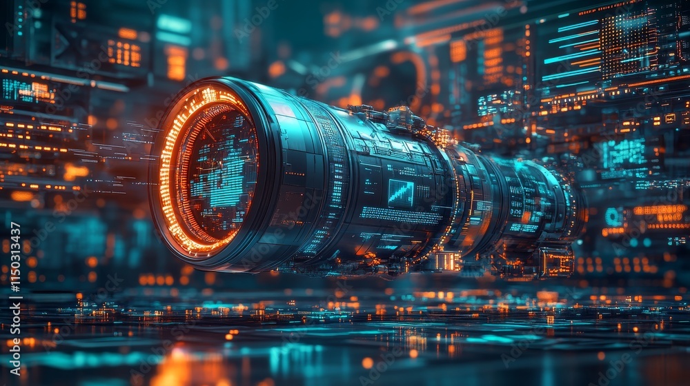 Poster futuristic spacecraft design with advanced technology and glowing elements in a high-tech environmen